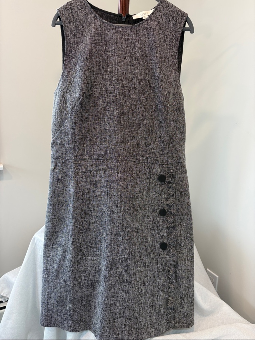 LOFT Gray Tweed Sleeveless Sheath Dress with Side Buttons